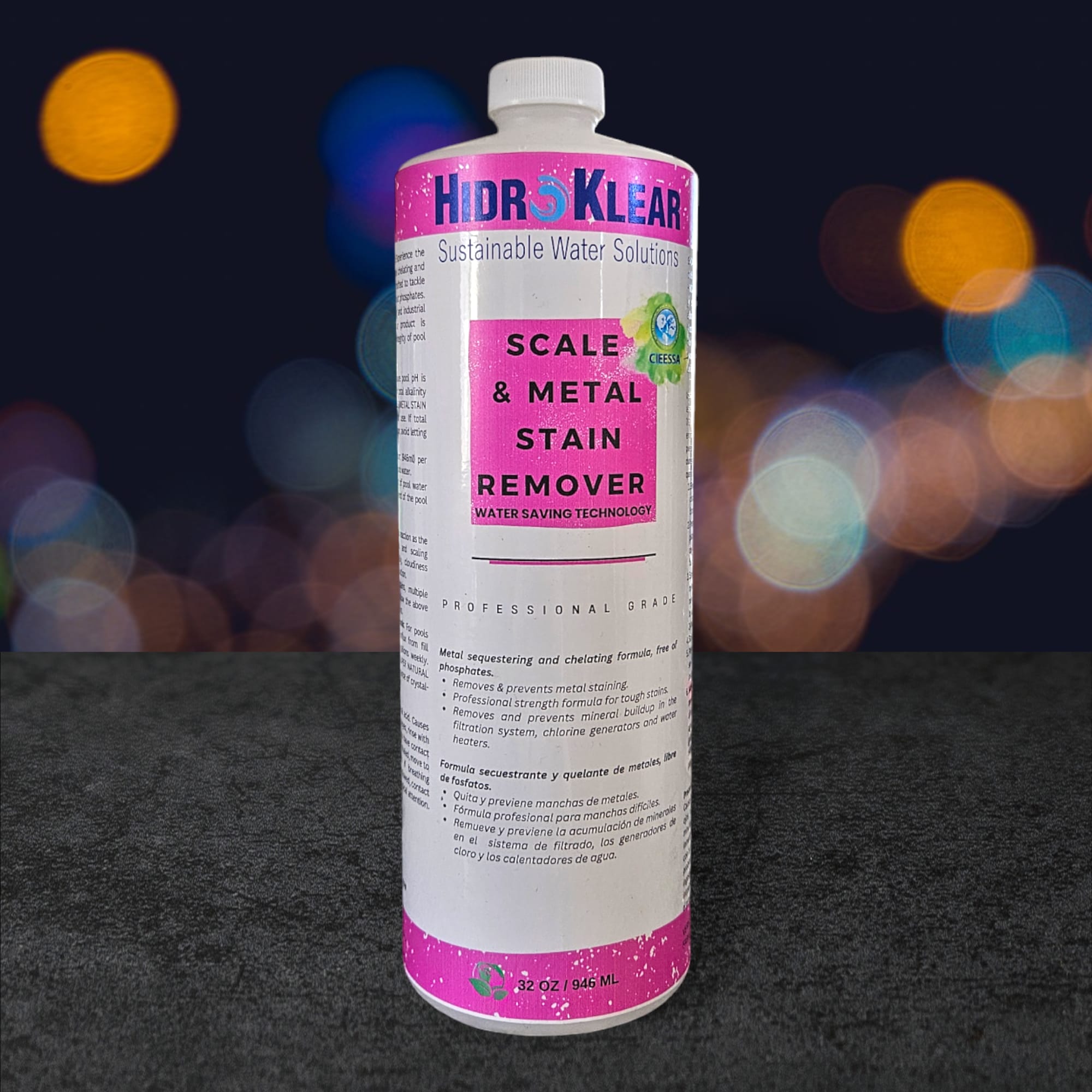 “Hidroklear Scale and Metal Stain Remover bottle – eco-friendly pool treatment” “Sustainable stain and scale remover for pools, spas, and fountains” “Water treatment product preventing scale buildup and metal stains” “Eco-conscious pool and spa scale and stain remover” “Hidroklear stain remover with renewable ingredients for clear water”